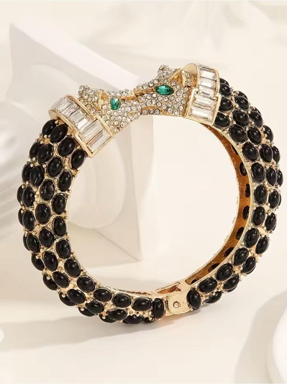 Luxury Black Beaded Double Panther Crystal Statement Bracelet